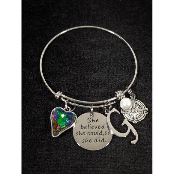 Mystic Fire AB Crystal Heart Letter G She Believed She Could Bracelet 7.5" - Picture 5 of 7